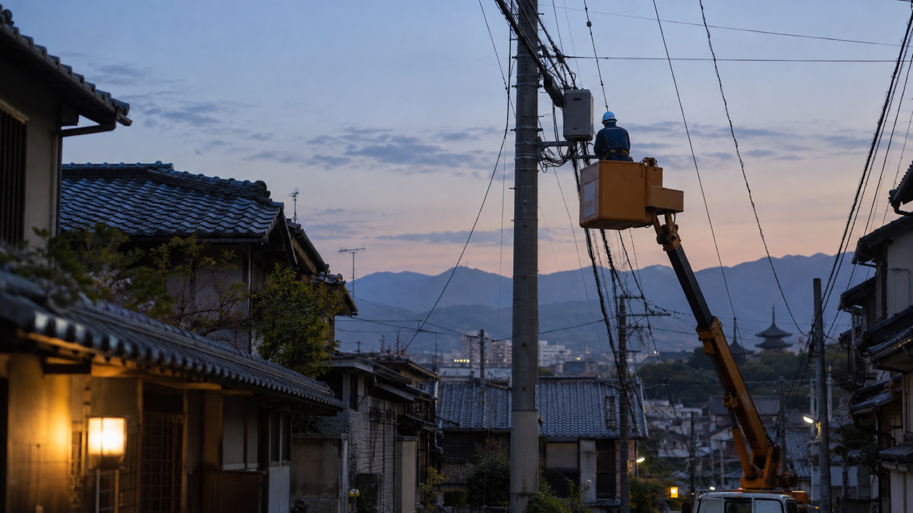 夕暮れの京都の住宅街で、高所作業車に乗り電柱の通信設備を工事する作業員