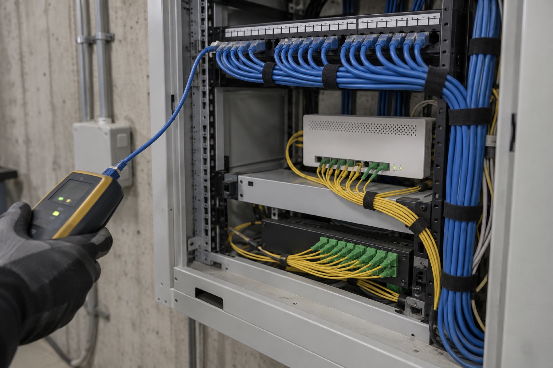マンションの通信盤に整えられたLANケーブルと光ファイバー