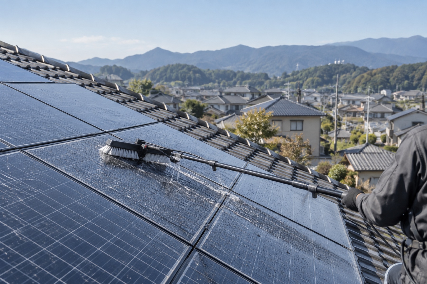 住宅の屋根の太陽光パネルをブラシで洗浄している様子