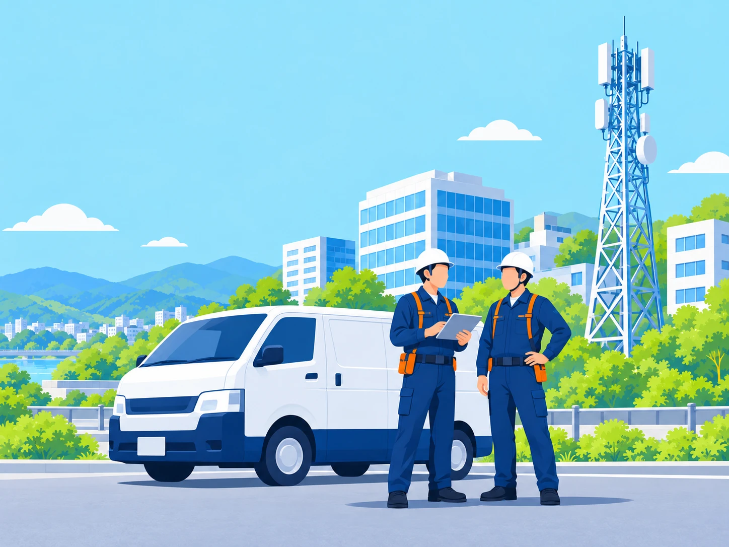 作業員と社用車、通信鉄塔のイラスト
