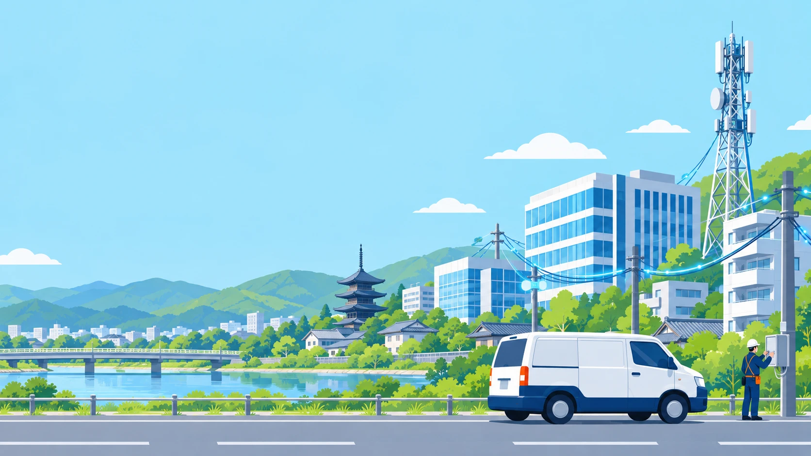 京都の街並みと通信鉄塔、光ファイバー、作業員と社用車のイラスト