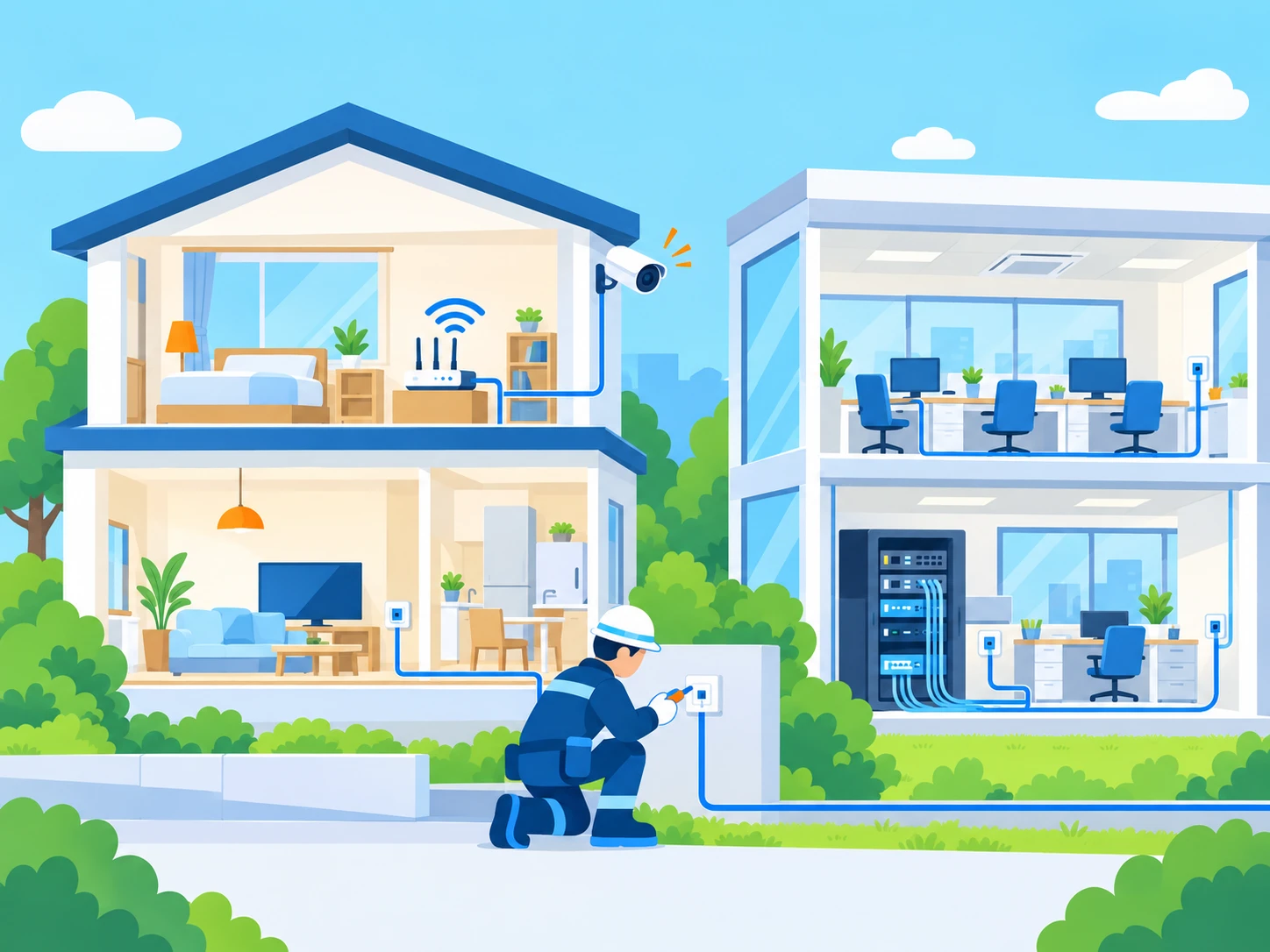 戸建て住宅とオフィスのWi-Fi・防犯カメラ・LAN配線工事のイラスト