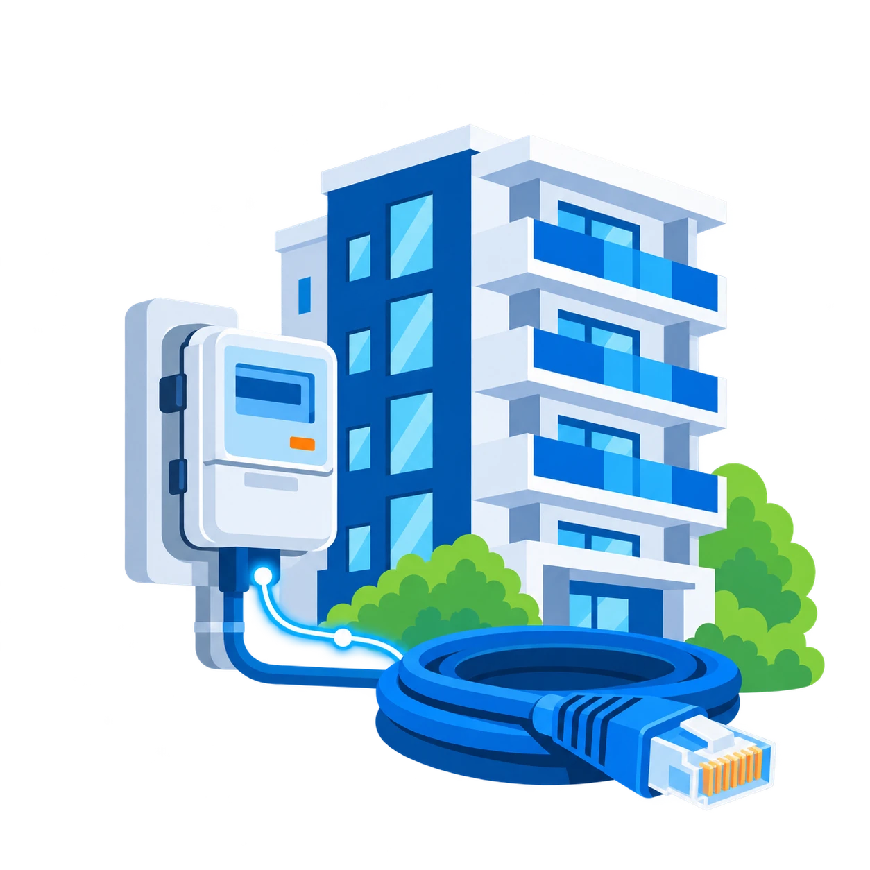 電気・電気通信工事のイラスト（マンションとLANケーブル）