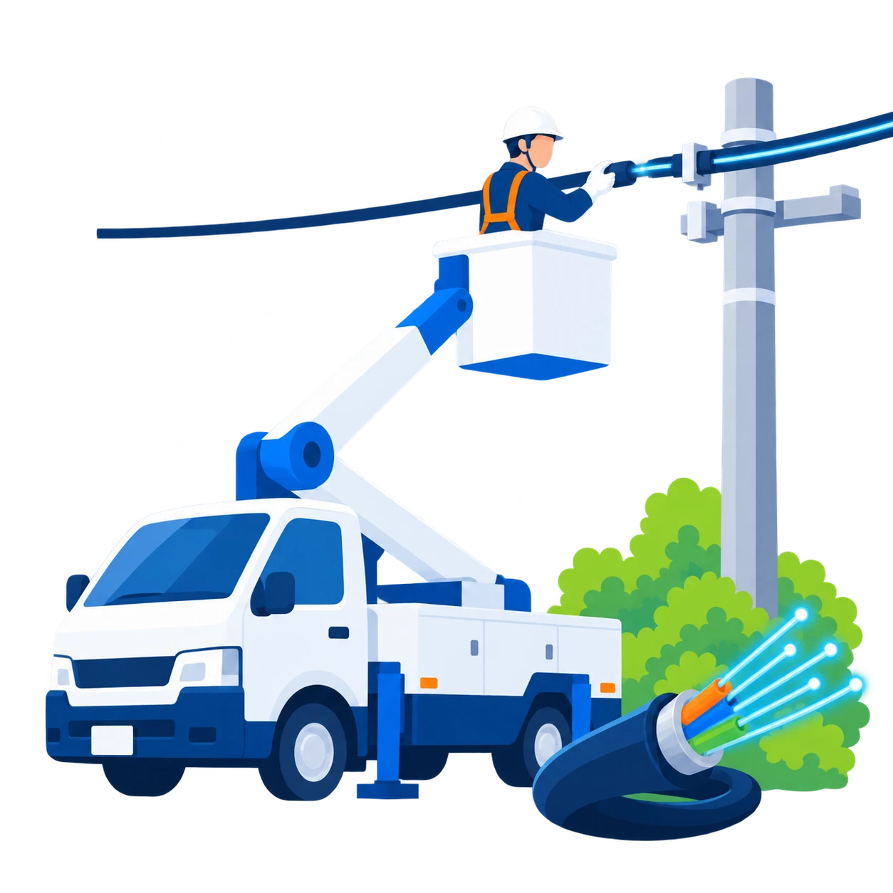 通信インフラ工事のイラスト（高所作業車と光ファイバー）