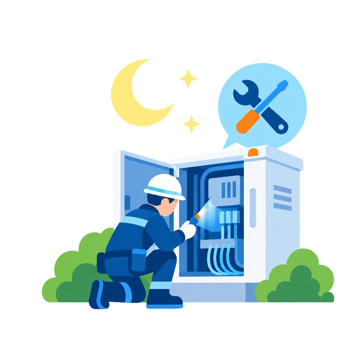 保守・障害対応のイラスト（夜間の点検作業）