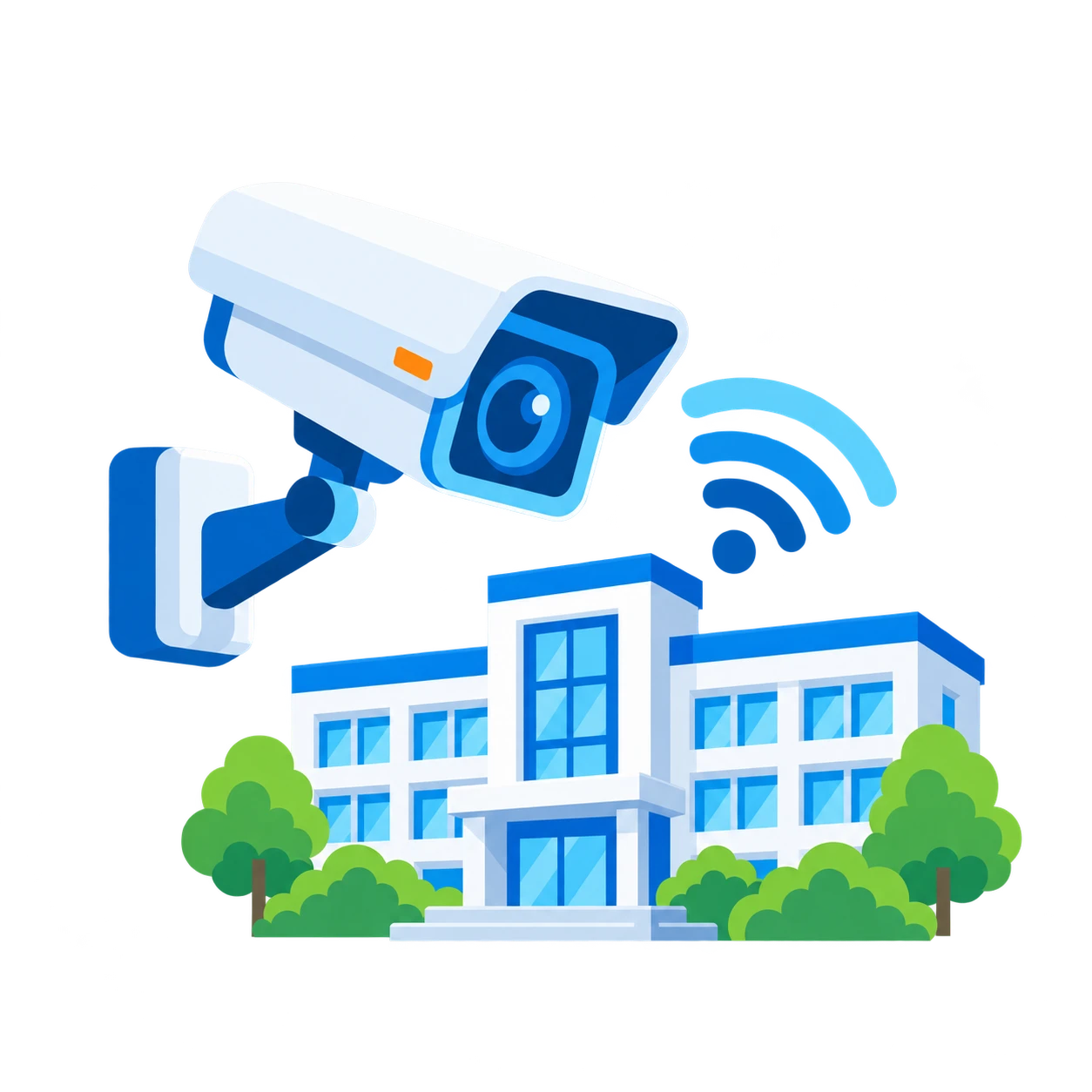 セキュリティ・施設設備のイラスト（防犯カメラと校舎）