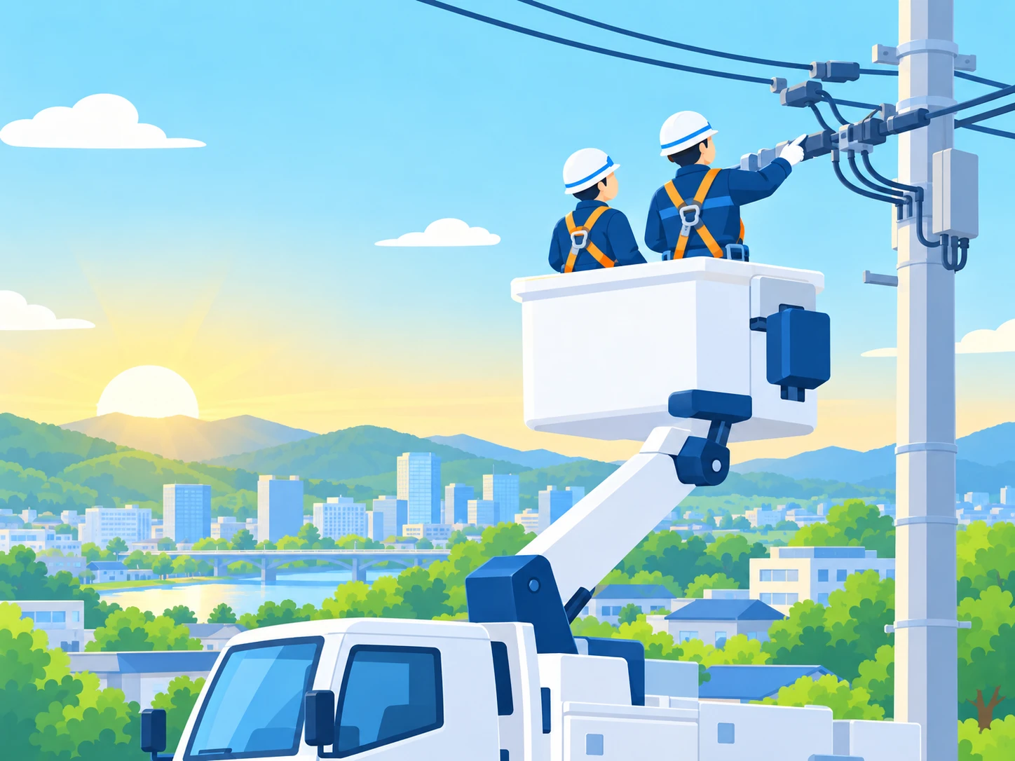 高所作業車で電柱の通信設備を点検する作業員のイラスト